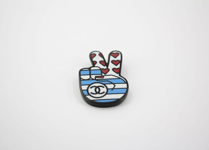 Chanel 16K Resin F "Victory Sign" Brooch in Blue White and Red