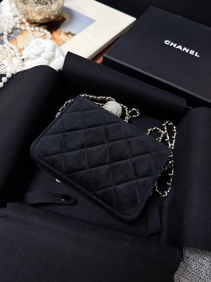 Chanel 20A Black Velvet Crossbody Bag with Gold Chain