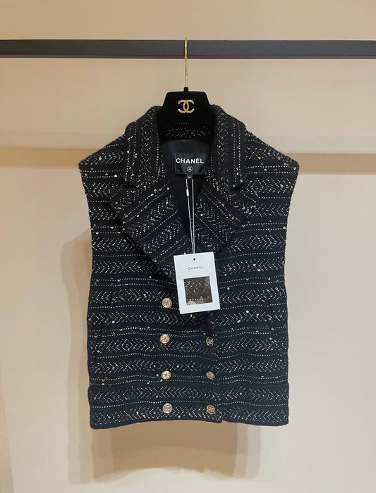 Chanel 23K black Sequin tweed Vest