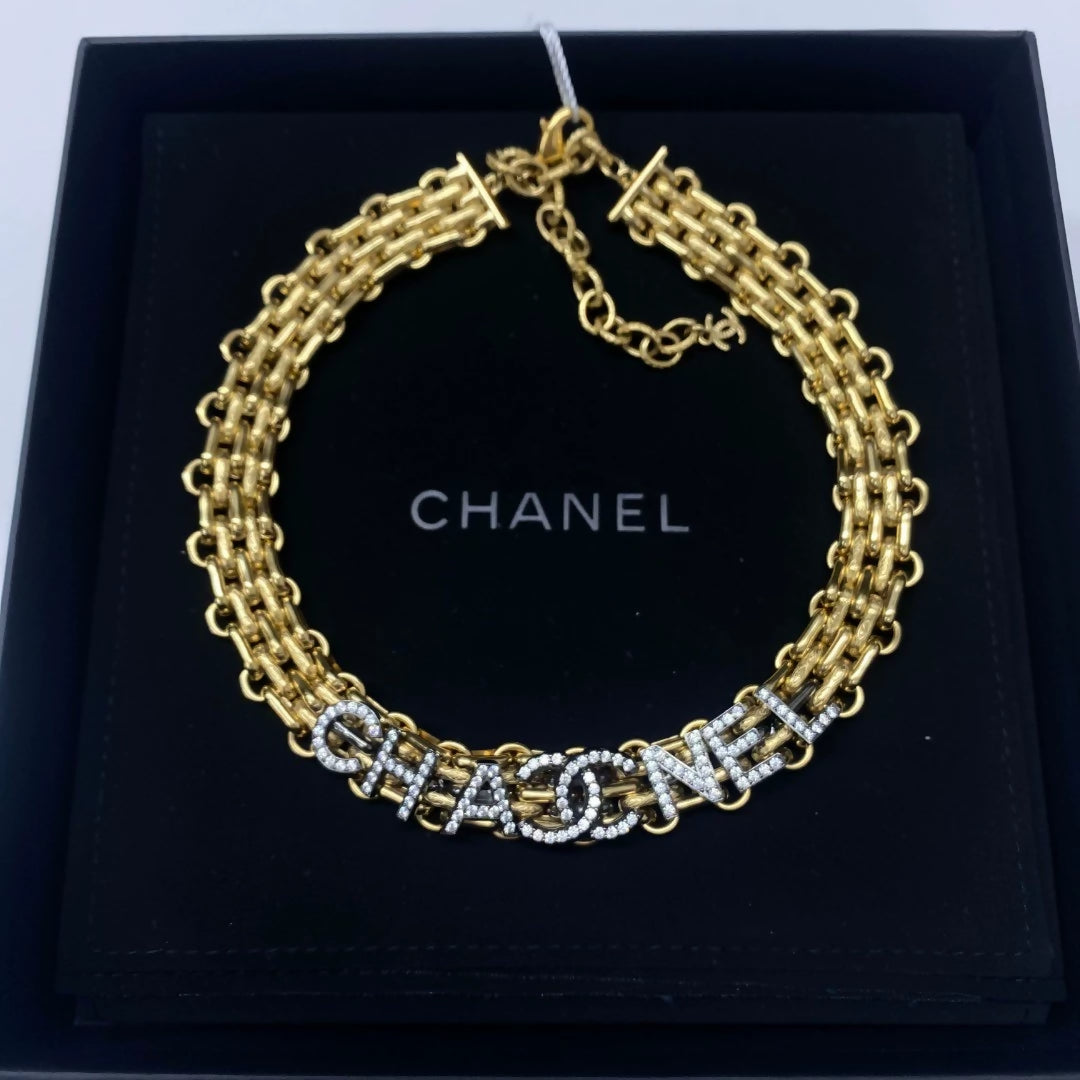 Chanel 21A rhinestone letter chain necklace