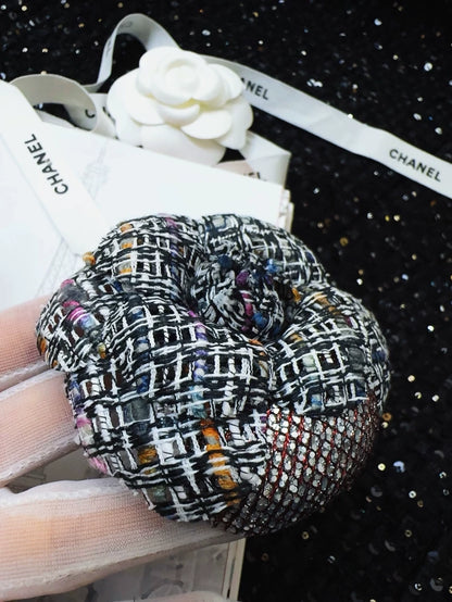Chanel camellia brooch in blue-grey mixed tweed