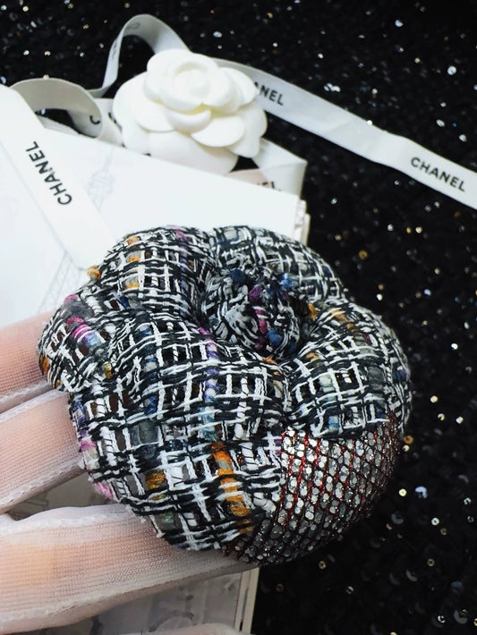 Chanel camellia brooch in blue-grey mixed tweed