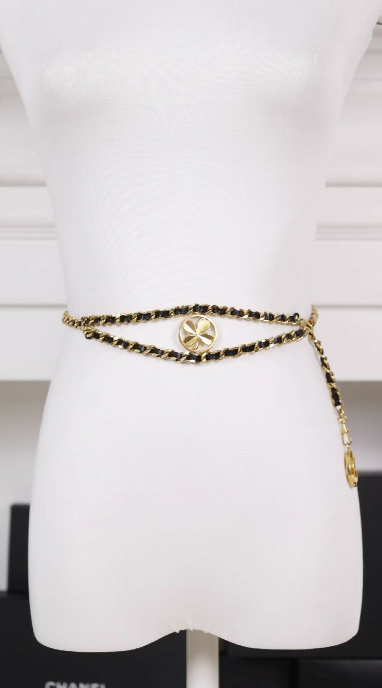 Chanel black and gold double-layer leather chain clover waist chain
