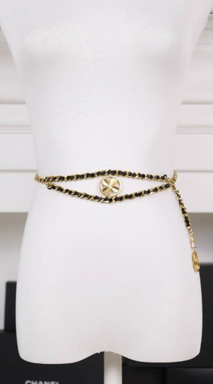 Chanel black and gold double-layer leather chain clover waist chain