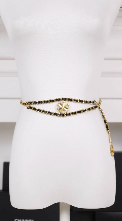 Chanel black and gold double-layer leather chain clover waist chain