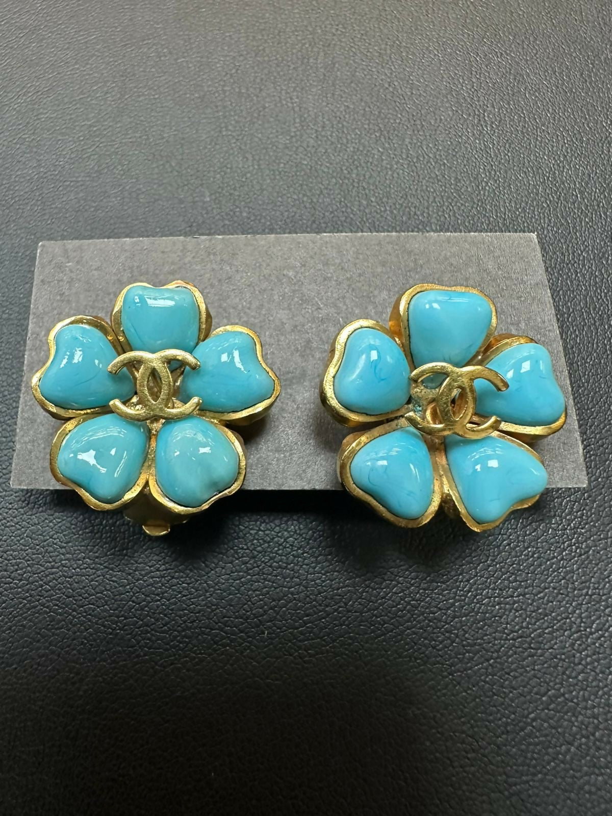 Chanel Vintage 97P Gripoix & Gold Plated Blue Camellia Clip-on Earrings