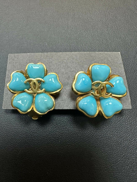 Chanel Vintage 97P Gripoix & Gold Plated Blue Camellia Clip-on Earrings