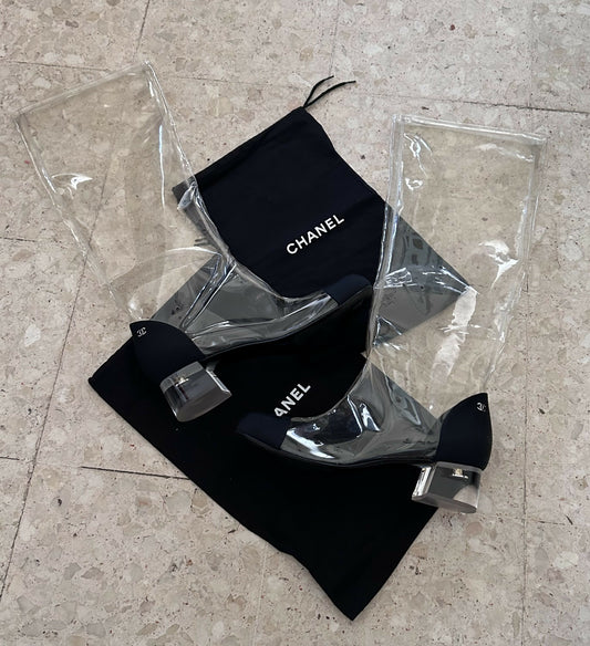 Chanel Transparent/Black PVC and Grosgrain Knee High Boots