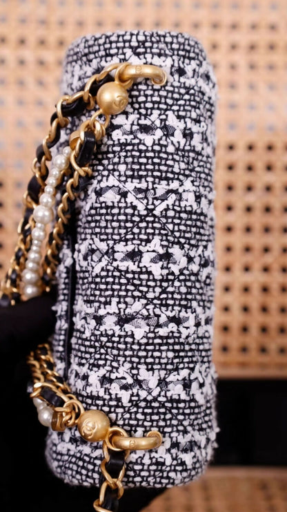 Chanel 24P black and white striped tweed leather chain CF square flap bag