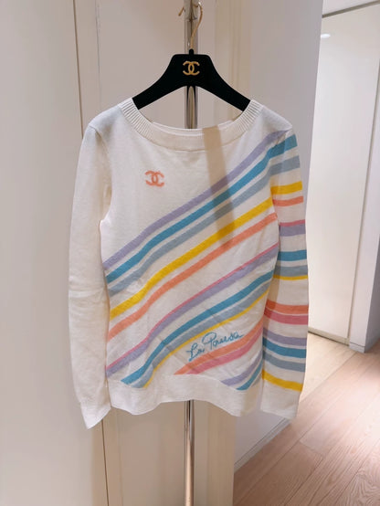 Chanel 19C Rainbow Striped Double C Logo Off-the-Shoulder Cashmere Sweater