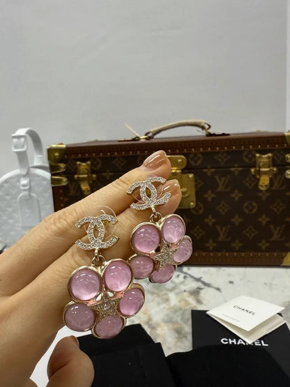 Chanel 24B Pink Glass Flower Double C Earrings