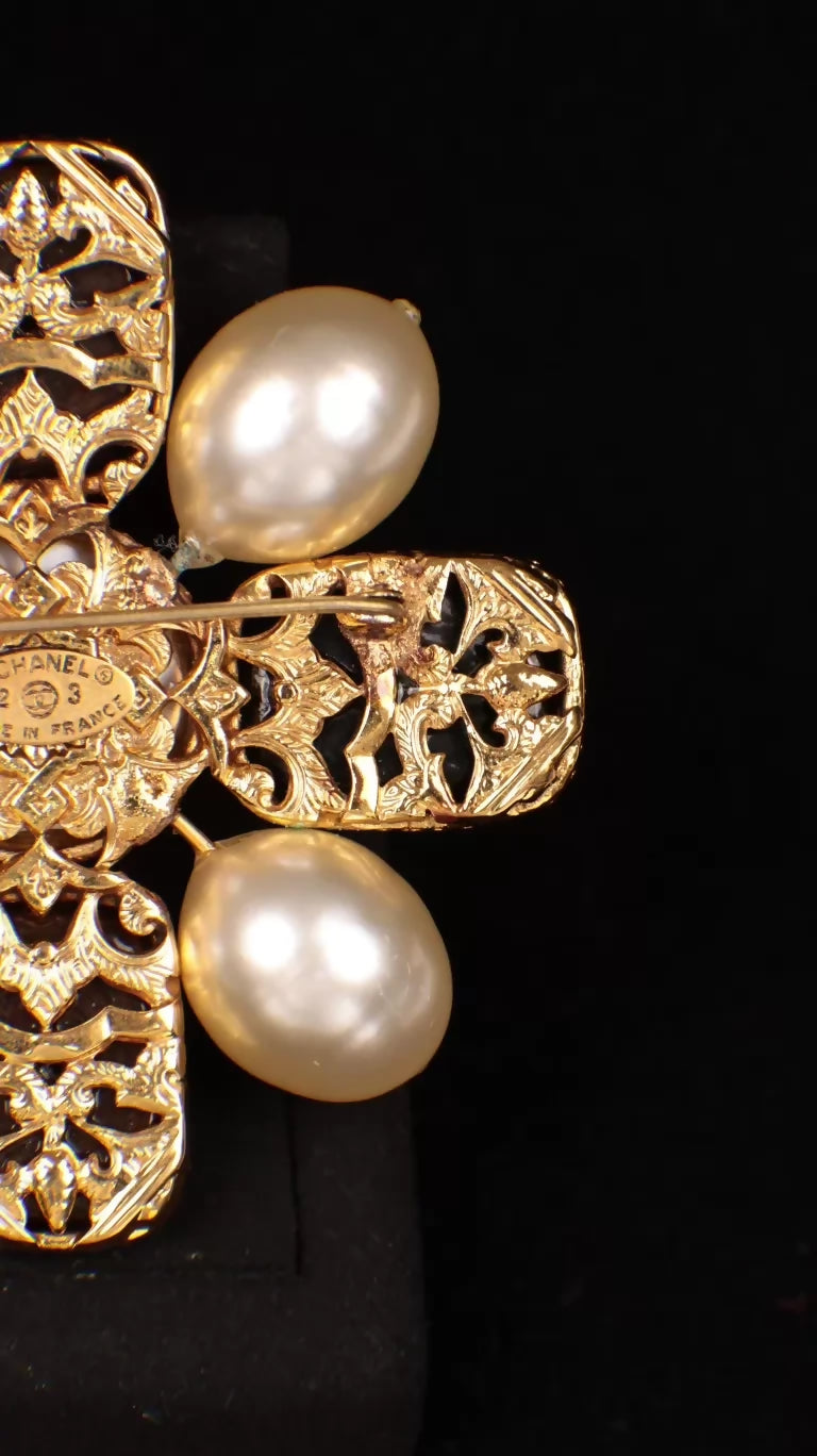 Chanel 1990 Red and Green Glass Pearl Cross Brooch