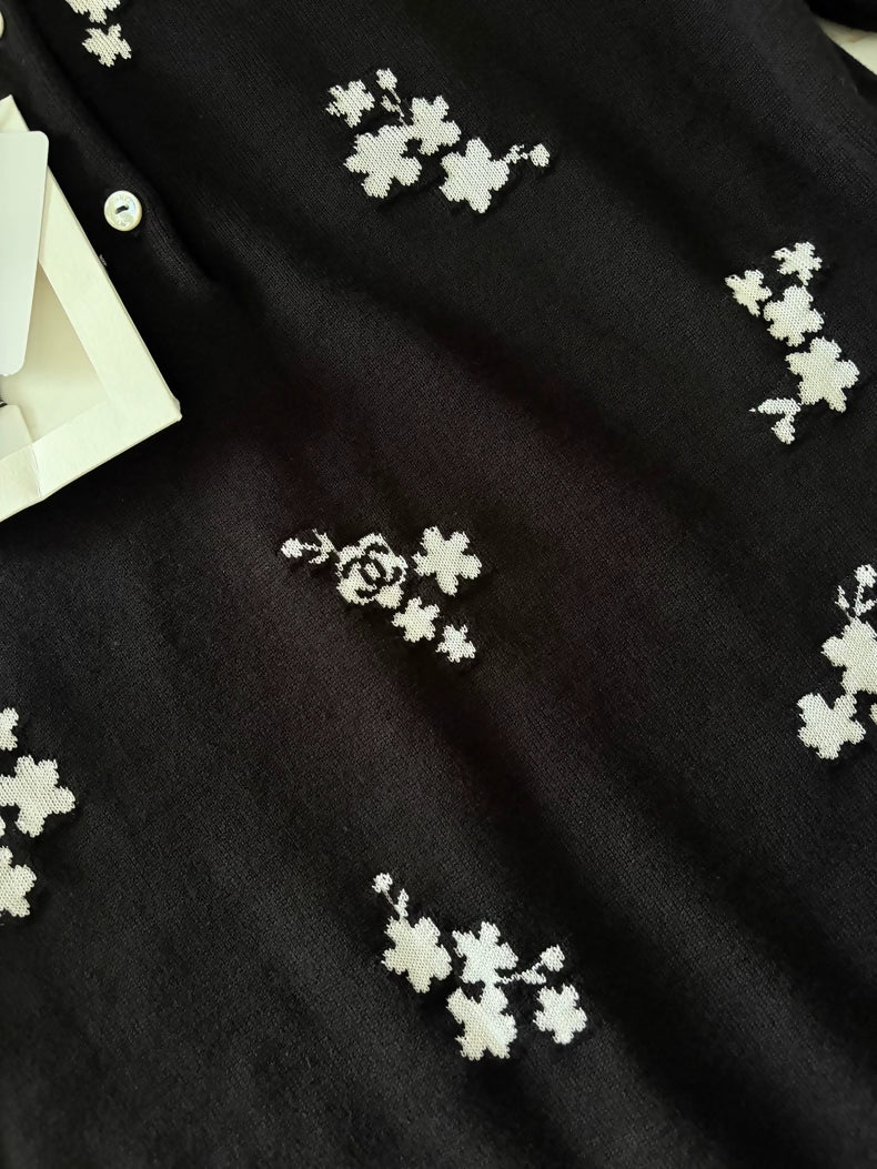 Chanel 26P Black Camellia Embroidered Polo Shirt