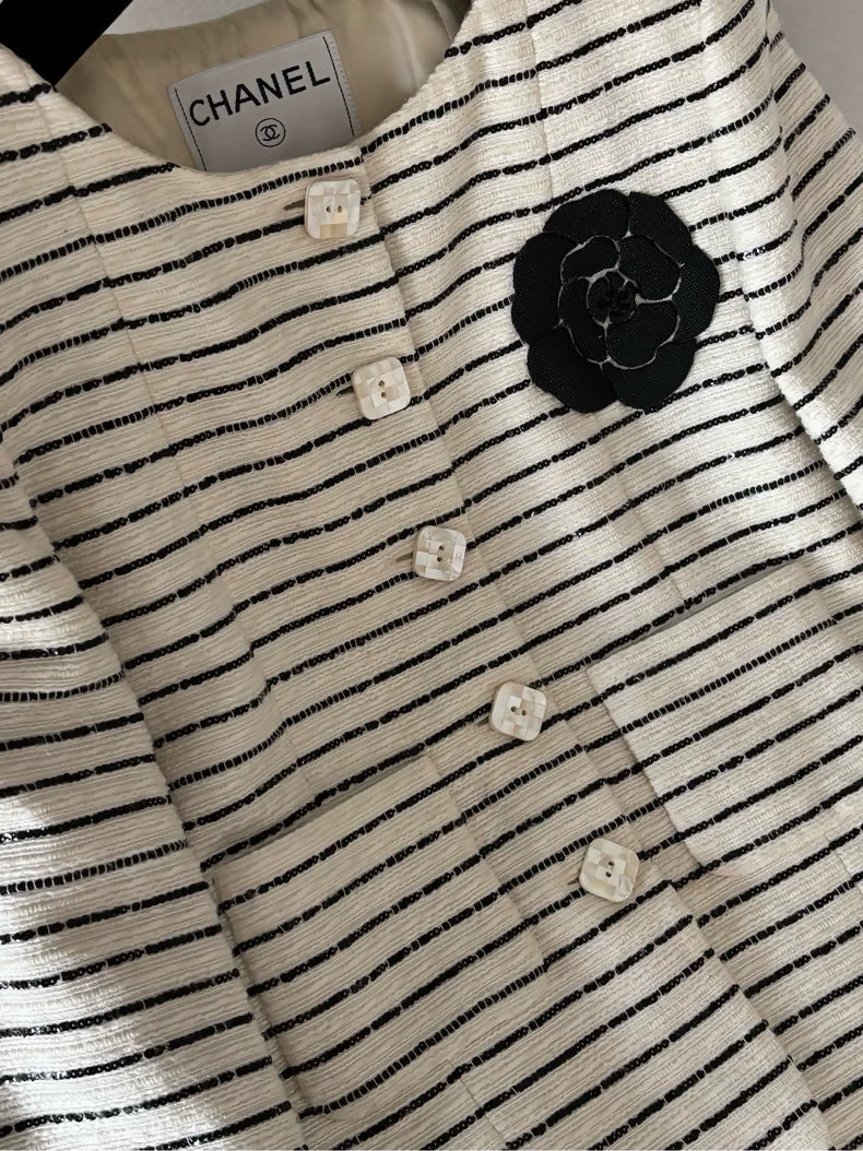 Chanel 01C Black and White Striped Camellia Sequin Jacket