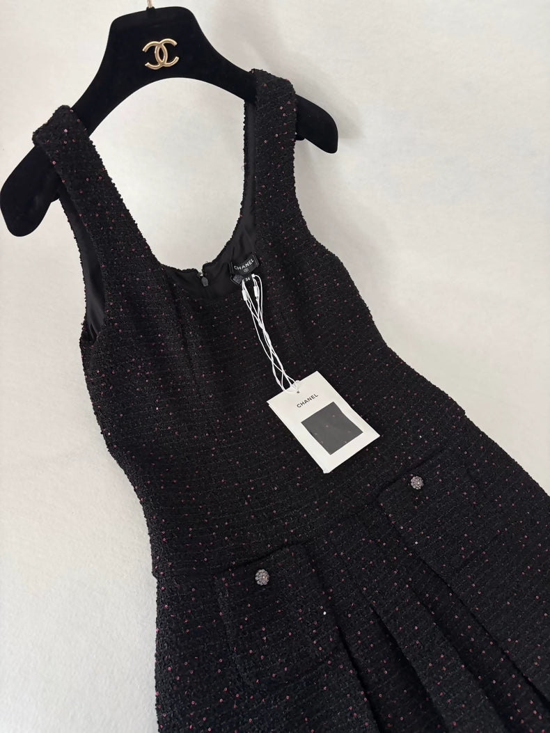 Chanel 25a Black Tweed Rose Pink Sequined Dress