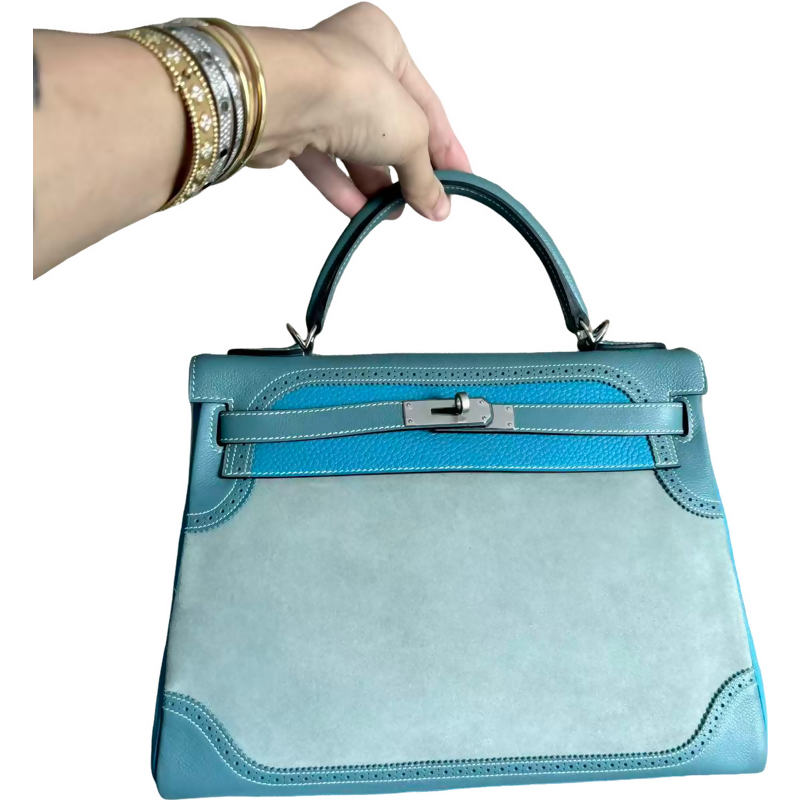 Hermes vintage Kelly 32 lace collection in suede denim blue