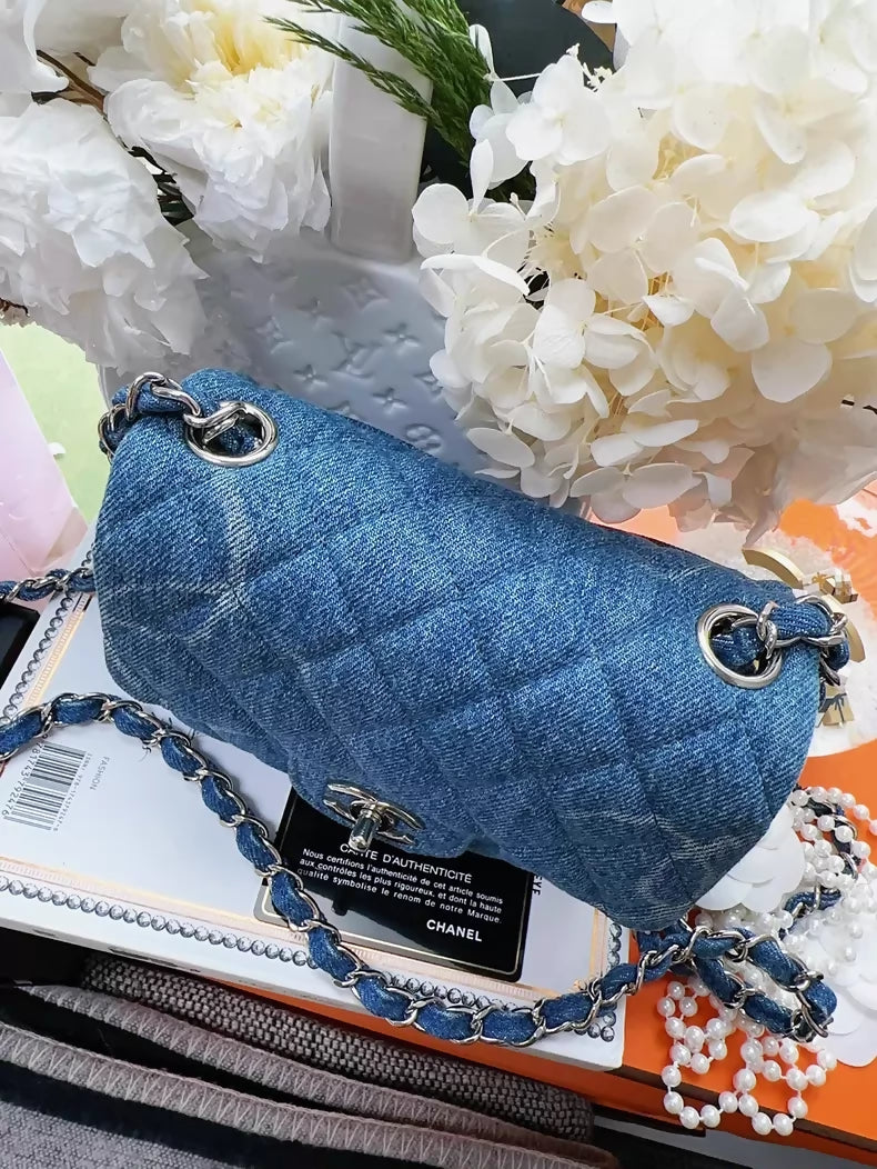 Chanel 20B denim CC logo print square bag with chain strap