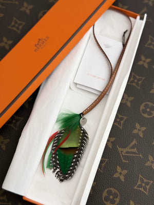 Hermes Grigri Mouche Fly Feather Bag Charm Green / Gray / Red