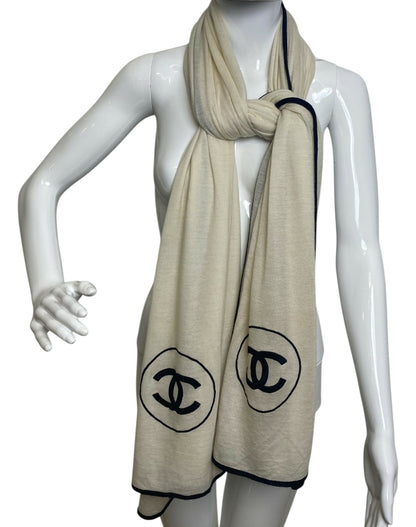 Chanel XL Ivory Black Cashmere Double CC Stole Shawl Scarf