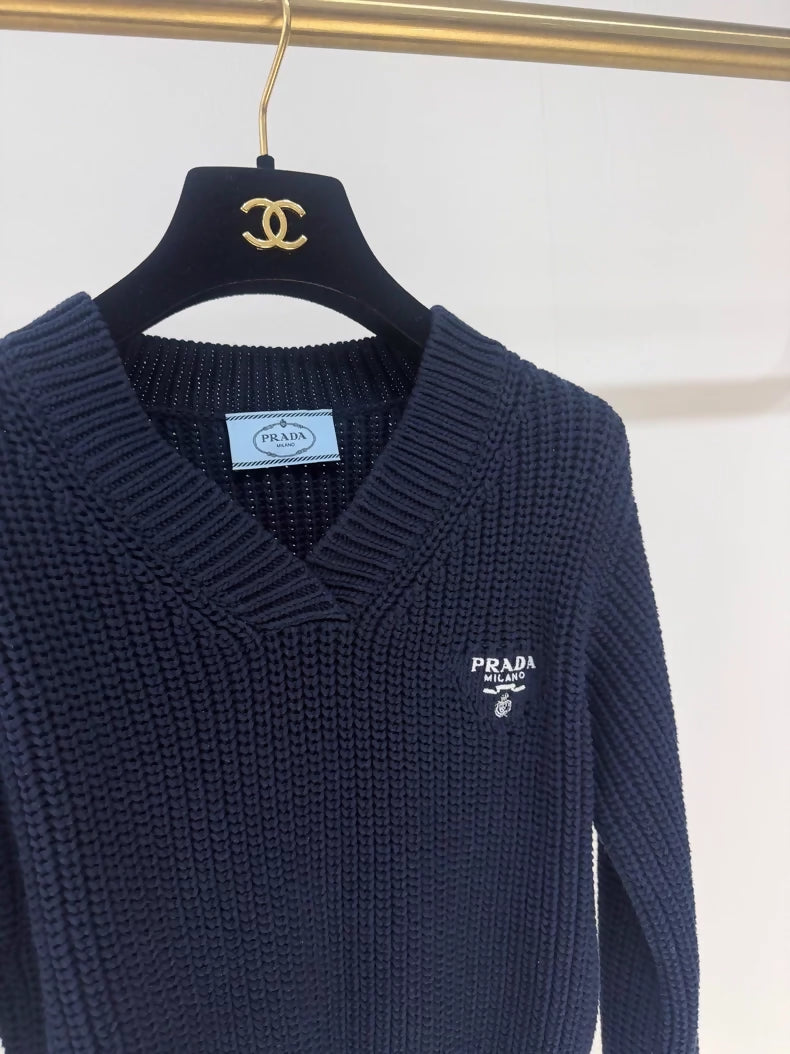 Prada navy blue V-neck knit sweater with triangle logo