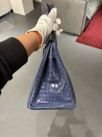 Hermès Birkin 30 Bleu Électrique (7E) Shiny Porosus Crocodile with Hardware Square