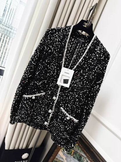 Chanel 23S black sequined V-neck knit cardigan
