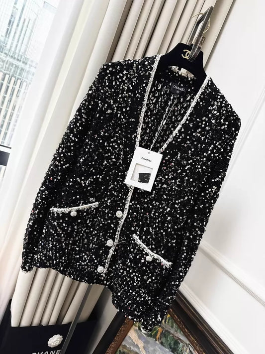 Chanel 23S black sequined V-neck knit cardigan