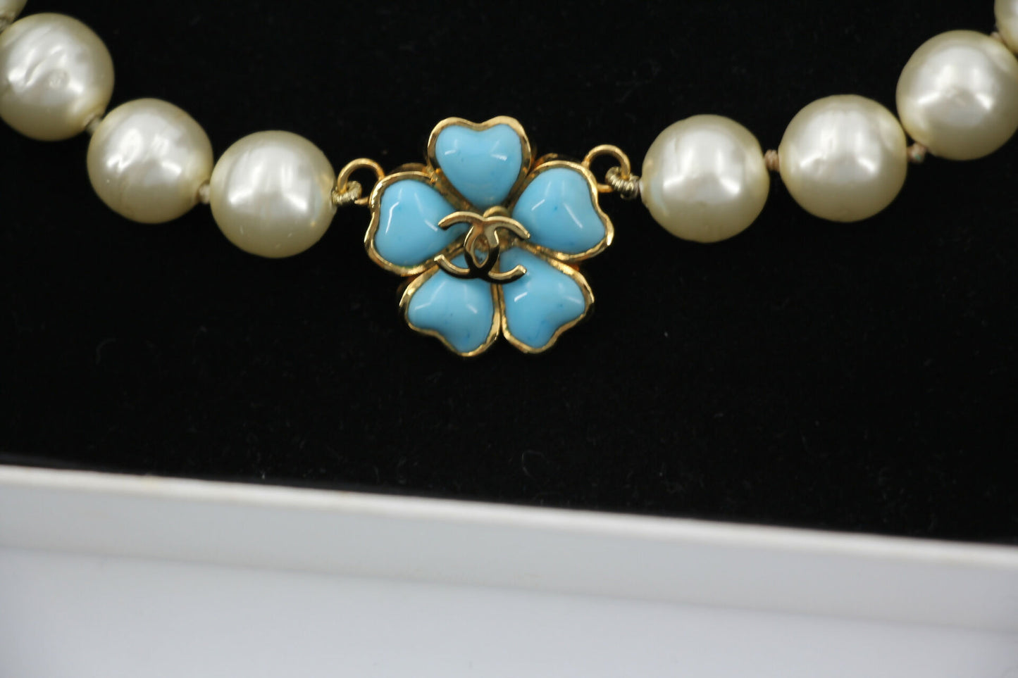 Chanel 97P Blue Gripoix Camellias Pearls Necklace