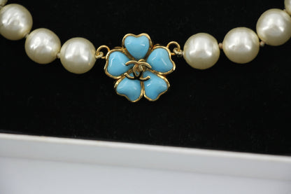 Chanel 97P Blue Gripoix Camellias Pearls Necklace