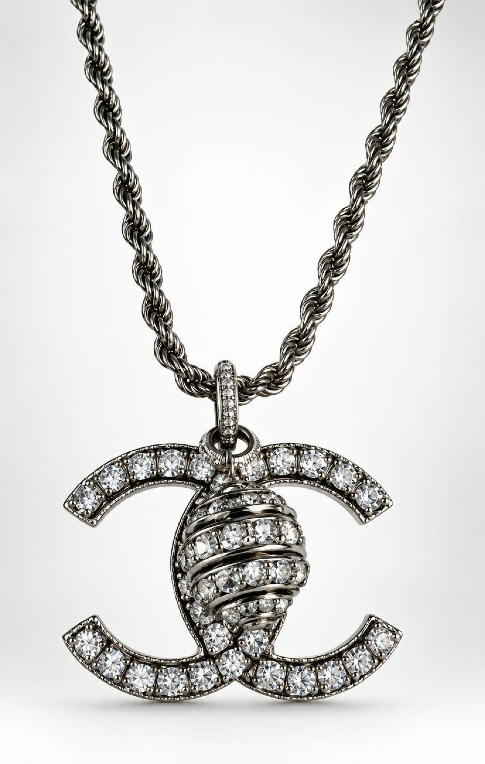 Chanel 08A Paris-London Extra Long Silver Rope Crystal CC Pendant Necklace