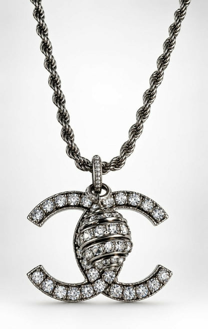 Chanel 08A Paris-London Extra Long Silver Rope Crystal CC Pendant Necklace