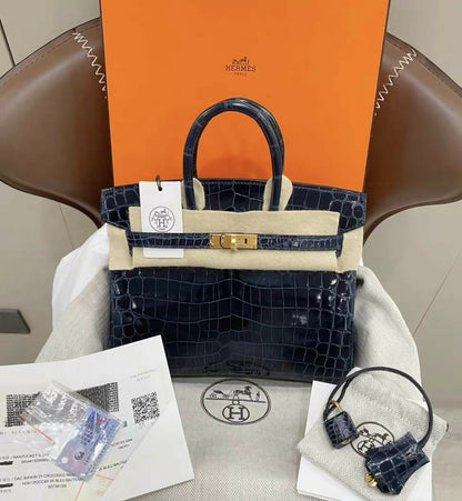Hermès Birkin 25 Bleu Baltique (8X) Shiny Niloticus Crocodile with Gold Hardware
