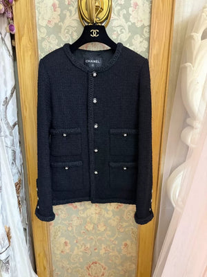 Chanel 23K Black Floral Rhinestone Button Tweed Jacket