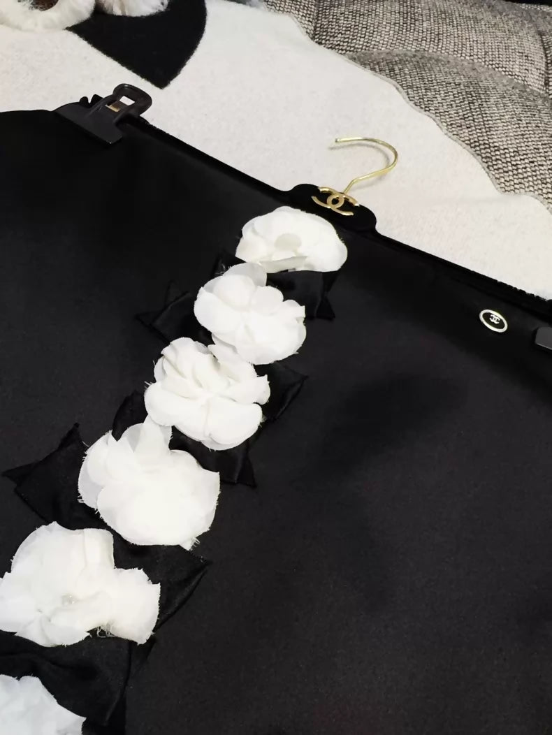 Chanel 20A Black Satin Camellia Skirt