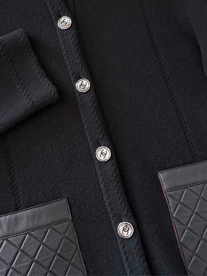 Chanel 24B Black Cashmere and Leather Pocket Cardigan
