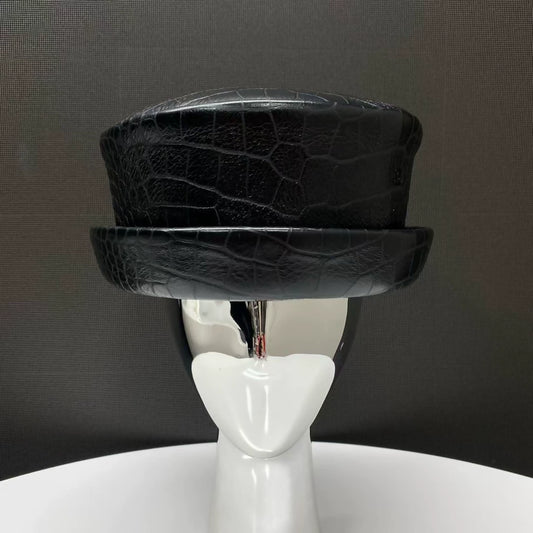 Chanel black crocodile leather embossed hat