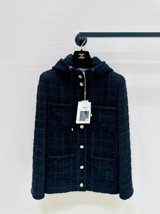 Chanel 25B black multi-pocket hooded jacket