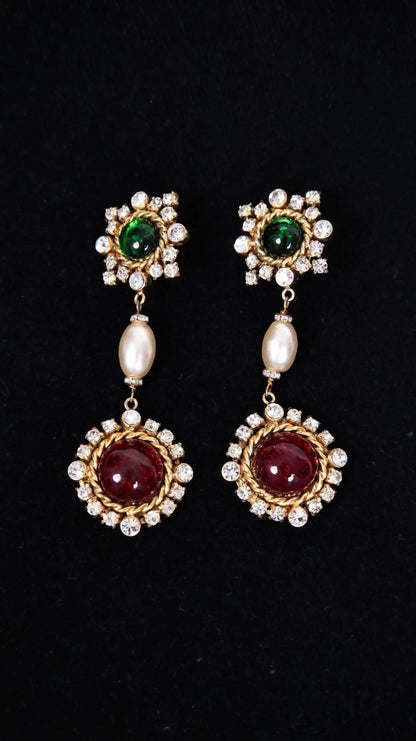 Vintage Chanel 1990s Red and Green Glass Rhinestone Pendant Pearl Clip-on Earrings