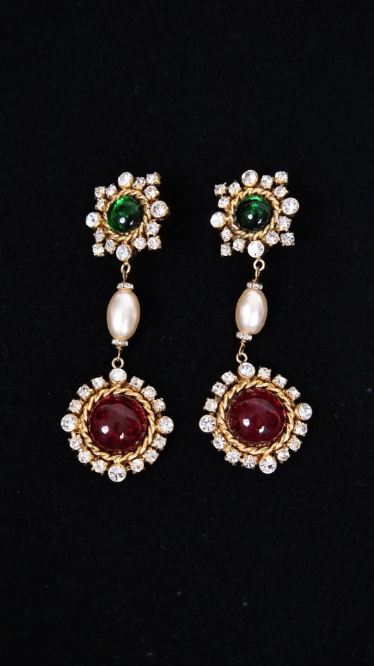 Vintage Chanel 1990s Red and Green Glass Rhinestone Pendant Pearl Clip-on Earrings