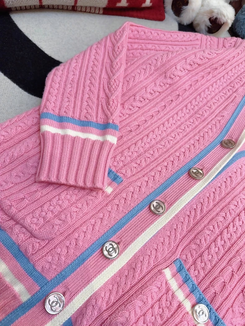 Chanel 23P Pink and Blue/White Knit Cardigan