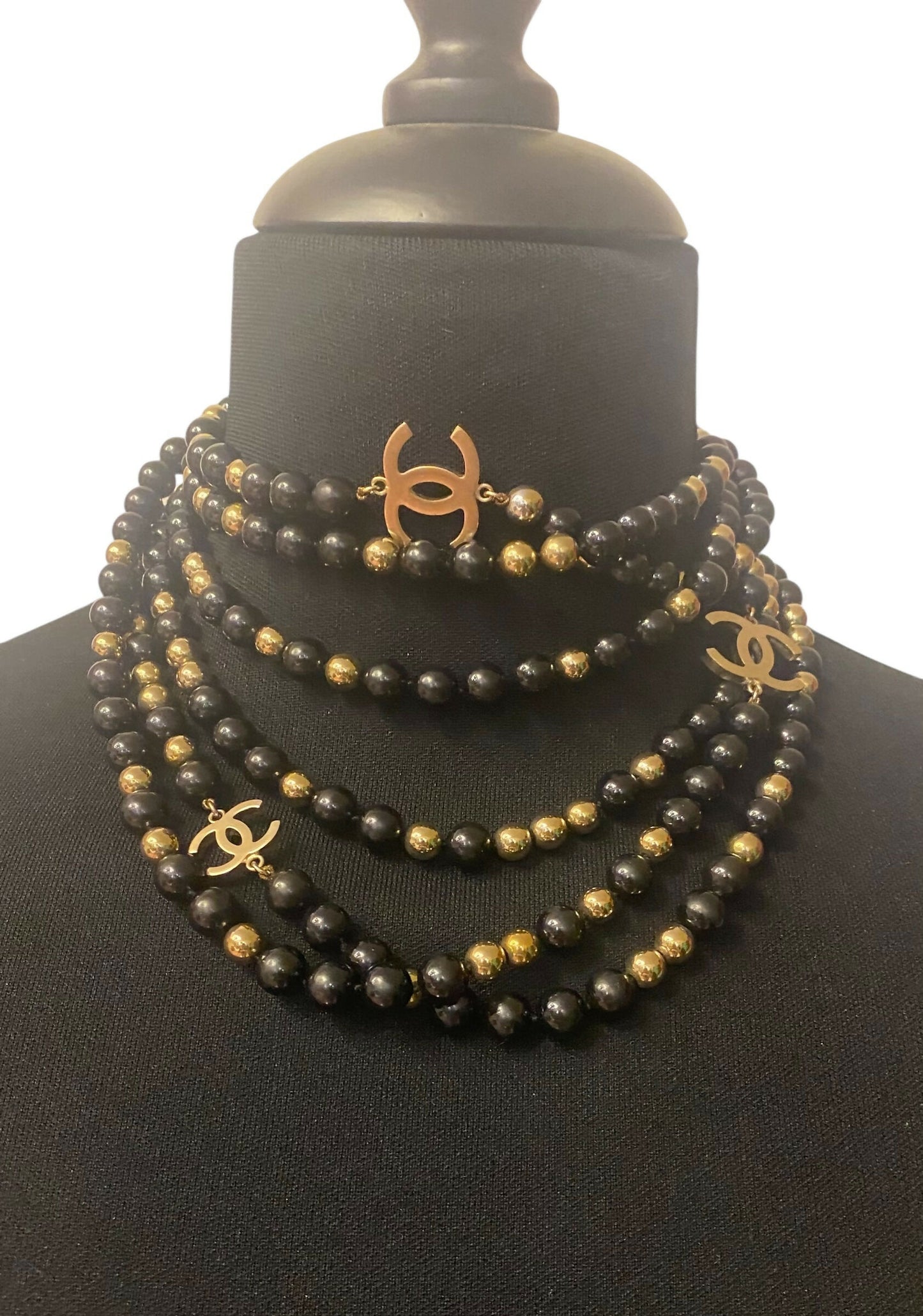 Chanel 16S Extra Long 3 Strand 4 CC Black Gold Mirror Beaded Necklace