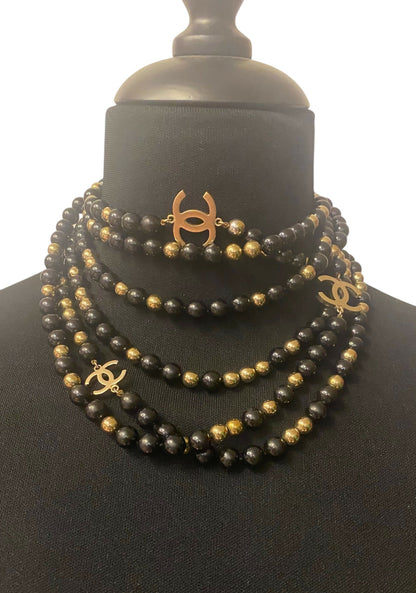 Chanel 16S Extra Long 3 Strand 4 CC Black Gold Mirror Beaded Necklace