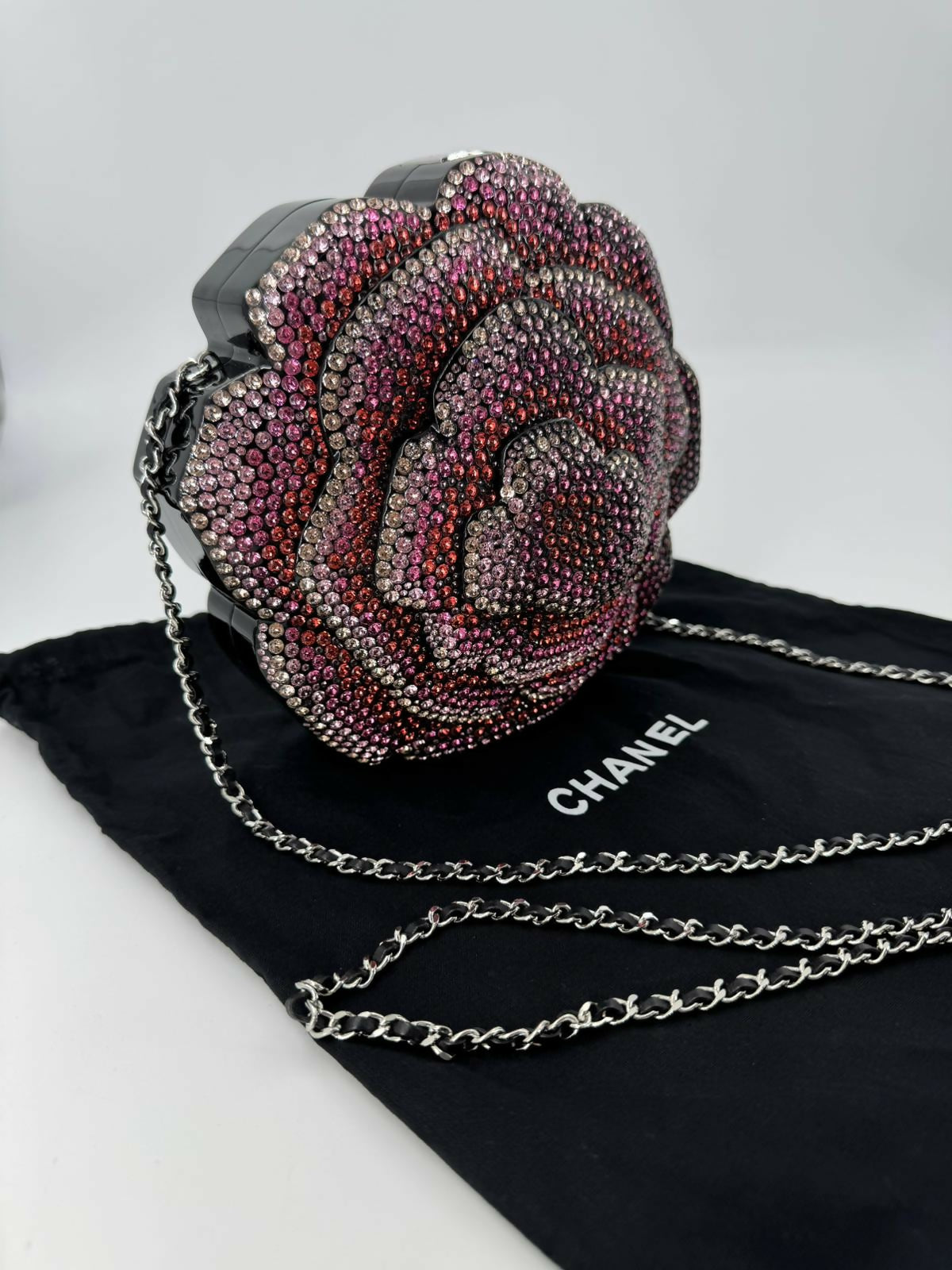 Chanel 2018 Rhinestone Plexiglass Strass Pink and Multicoloured Camellia Minaudiere Clutch Bag
