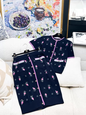 Chanel 22K Dark Blue-Purple Floral Cashmere Knit cardigan and Skirt set