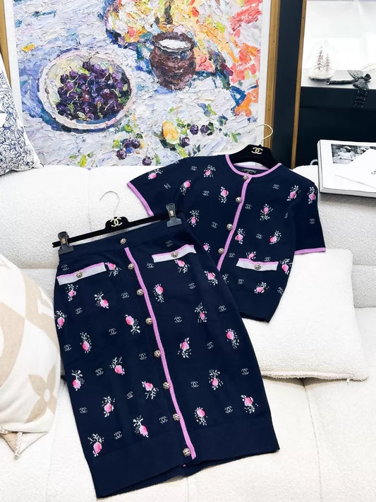 Chanel 22K Dark Blue-Purple Floral Cashmere Knit cardigan and Skirt set