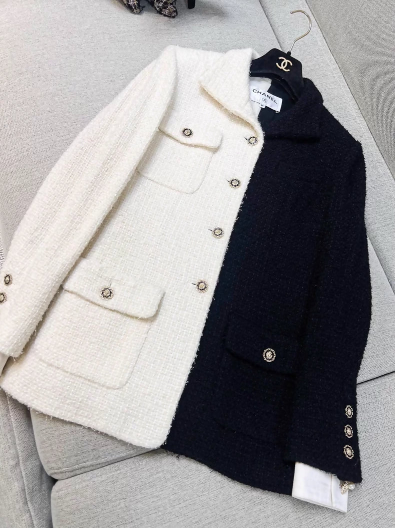 Chanel 20A black and white color-blocked woven collar jacket