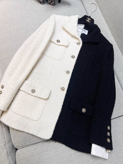Chanel 20A black and white color-blocked woven collar jacket