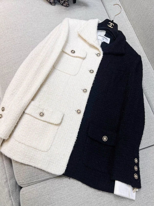 Chanel 20A black and white color-blocked woven collar jacket