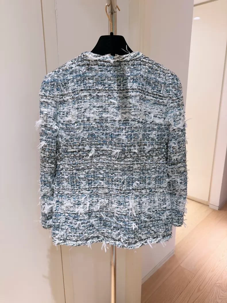 Chanel 18 Blue and White Fringe Heavy-Weave Tweed Jacket