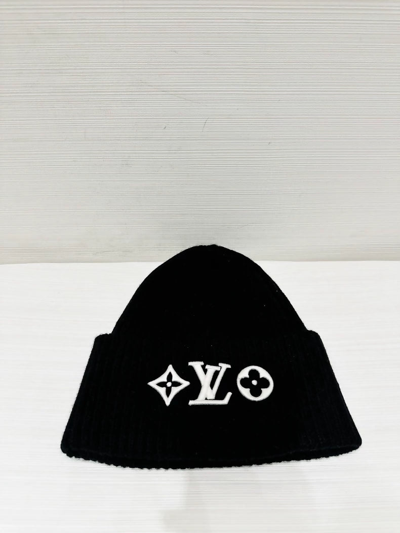 LV black logo embroidered wool beanie, unisex, 100% wool,
